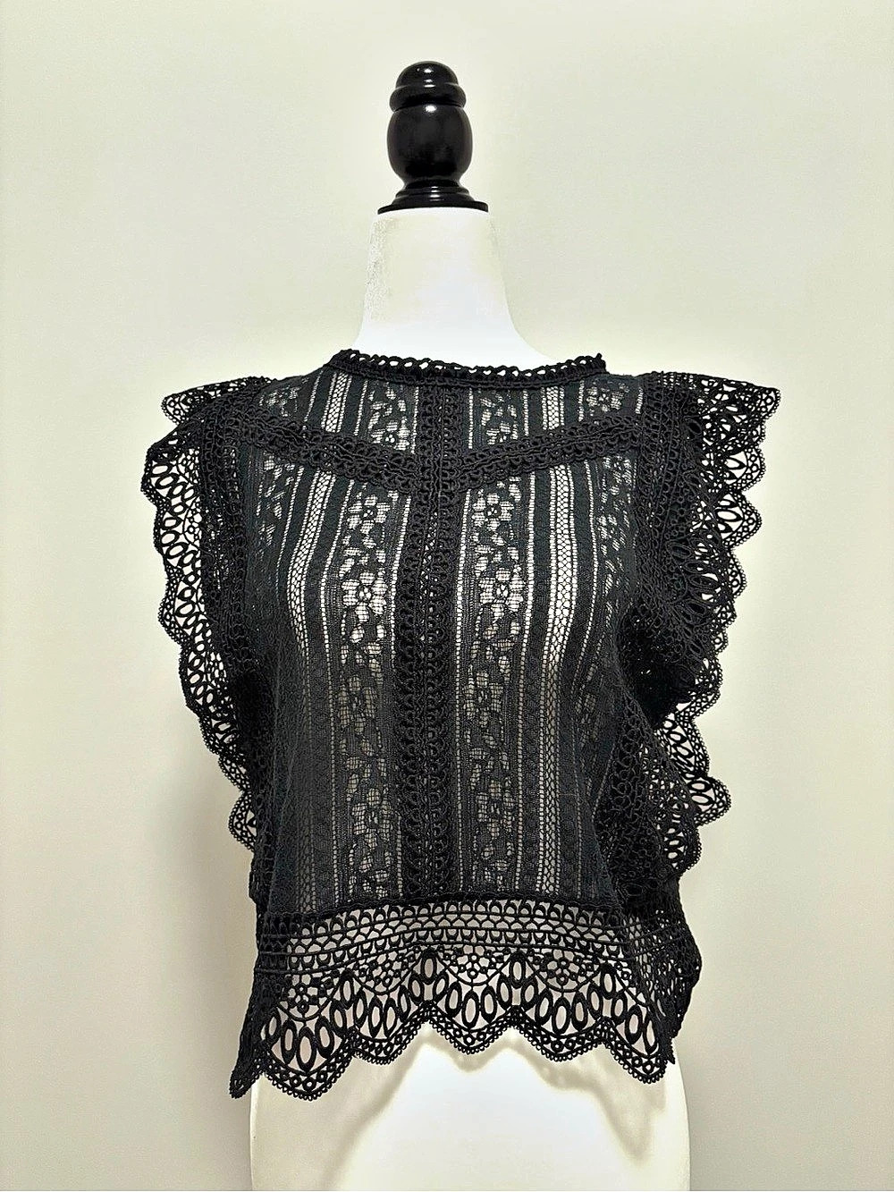Black Lace Flutter Sleeve Blouse Size M - some loose material around button